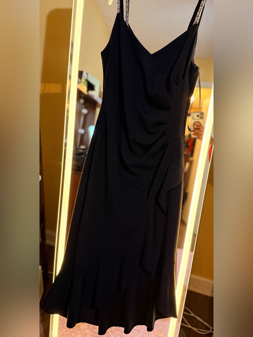 Xscape Black Strapless Draped Evening Dress with Embellished Straps